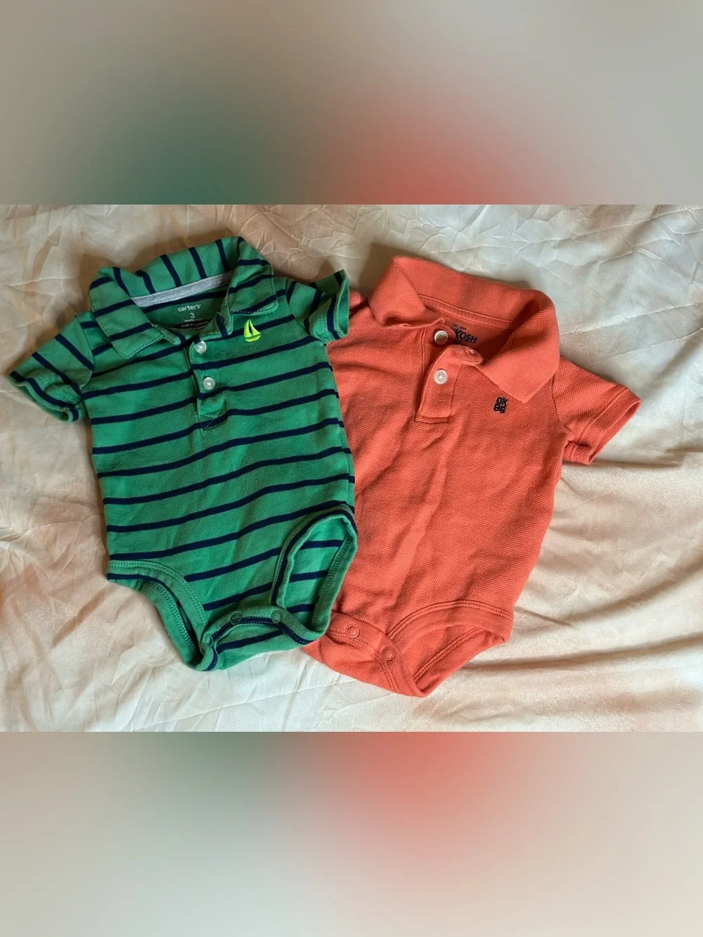 2 Baby Boy Button Up Polo Shirt Onesies | Green Carter’s & Orange Oshkosh B’gosh
